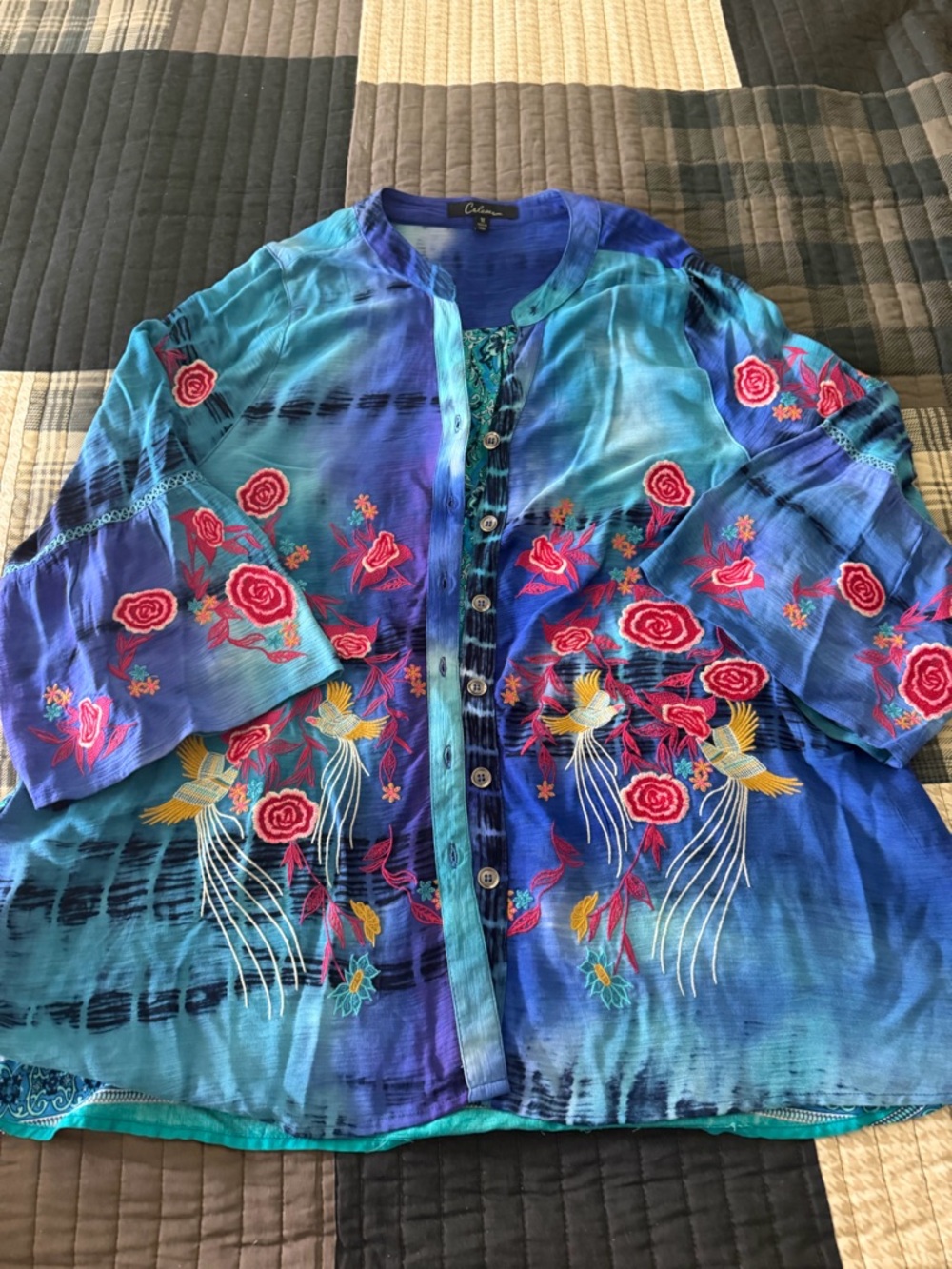 CALE Blue Teal Floral Embroidered Button-Front Blouse